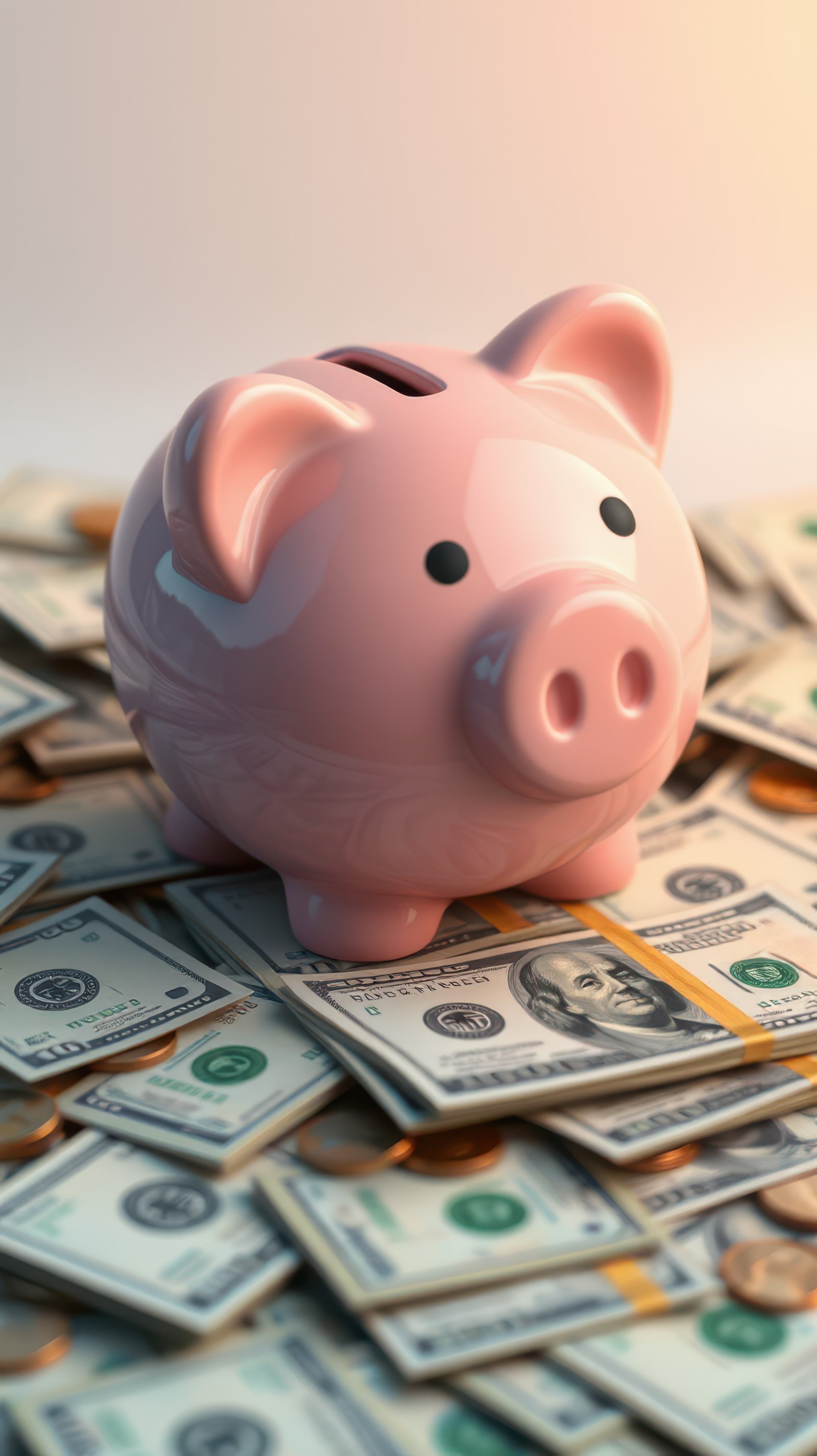 Pink piggy bank positioned on a spread of hundred dollar bills with a warm glow at an indoor setting